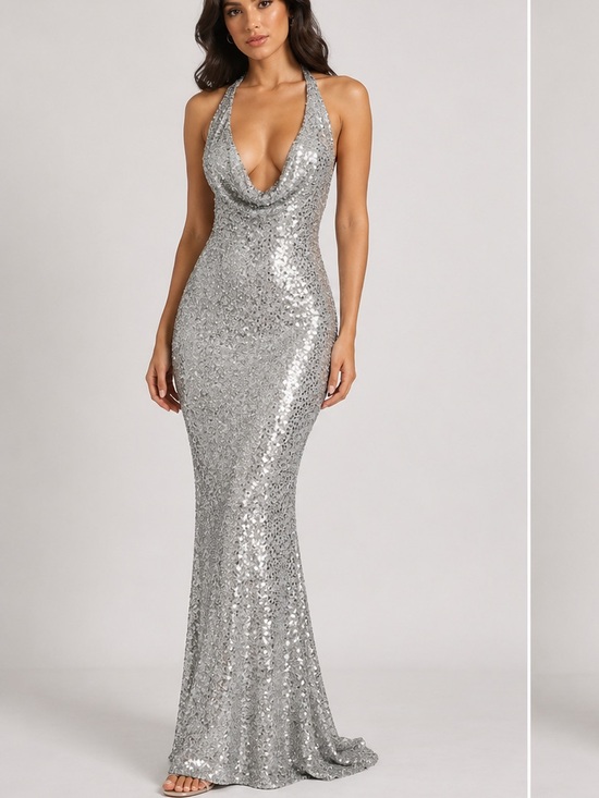 babyboo Dresses & Skirts - Babyboo Lorena Silver Lined Sequin Net Maxi Dress size Small